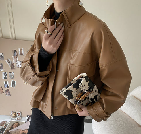 Women's Tooling Style Leather Jacket Jacket With Stand-up Collar - ROUTINE FASHION